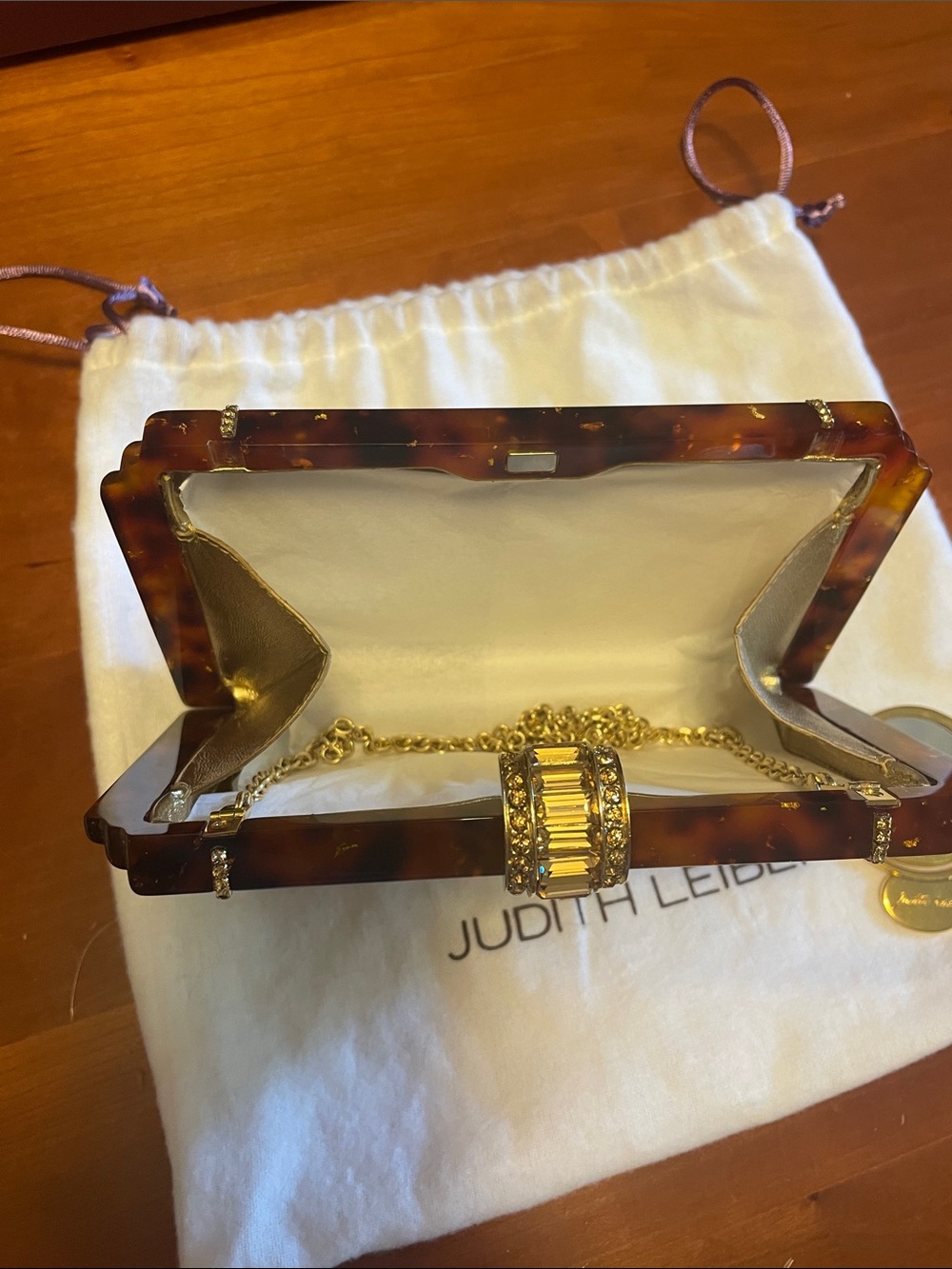 Judith Leiber Tortoise and Gold Crystal Minaudière Clutch - Picture 7 of 16